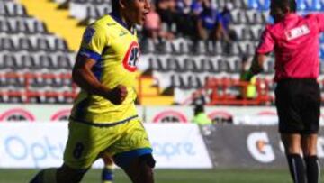 Salinas festeja un gol contra Huachipato, en el Estadio CAP de Talcahuano.