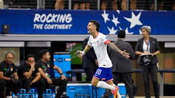 Jun 23, 2024; Arlington, TX, USA; United States forward Christian Pulisic (10) celebrates after he scores a goal against Bolivia during the first half in a 2024 Copa America match at AT&T Stadium. Mandatory Credit: Jerome Miron-USA TODAY Sports