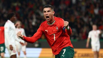 FILE PHOTO: Soccer Football - Nations League - Quarter Final - Second Leg - Portugal v Denmark - Estadio Jose Alvalade, Lisbon, Portugal - March 23, 2025 Portugal's Cristiano Ronaldo celebrates scoring their second goal REUTERS/Pedro Nunes/File Photo