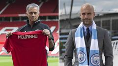 A combination of pictures created in London on September 8, 2016 shows Manchester United&#039;s Portuguese manager Jose Mourinho (L) posing during a photocall on the pitch at Old Trafford stadium in Manchester, northern England, on July 5, 2016 and Manche