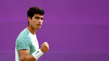 Tennis - ATP 500 - Queen's Club Championships - Queen's Club, London, Britain - June 24, 2023 Spain's Carlos Alcaraz reacts during his semi-final match against Sebastian Korda of the U.S. Action Images via Reuters/Peter Cziborra