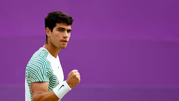 Tennis - ATP 500 - Queen's Club Championships - Queen's Club, London, Britain - June 24, 2023 Spain's Carlos Alcaraz reacts during his semi-final match against Sebastian Korda of the U.S. Action Images via Reuters/Peter Cziborra