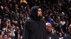 BROOKLYN, NY - JANUARY 30: Kevin Durant #7 of the Brooklyn Nets looks on during the game against the Los Angeles Lakers on January 30, 2023 at Barclays Center in Brooklyn, New York. NOTE TO USER: User expressly acknowledges and agrees that, by downloading and or using this Photograph, user is consenting to the terms and conditions of the Getty Images License Agreement. Mandatory Copyright Notice: Copyright 2023 NBAE (Photo by Nathaniel S. Butler/NBAE via Getty Images)