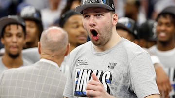 Luka Doncic #77 of the Dallas Mavericks celebrates after a 124-103 victory against the Minnesota Timberwolves in Game Five of the Western Conference Finals at Target Center on May 30, 2024 in Minneapolis, Minnesota.