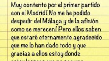 Mensaje de Isco en su cuenta de twitter.