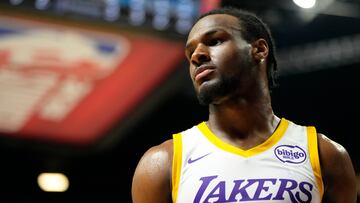 Jul 15, 2024; Las Vegas, NV, USA; Los Angeles Lakers guard Bronny James (9) competes against the Boston Celtics during the second half at Thomas & Mack Center. Mandatory Credit: Lucas Peltier-USA TODAY Sports