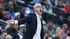 LAS VEGAS, NEVADA - MARCH 25: Head coach Dan Hurley of the Connecticut Huskies reacts against the Gonzaga Bulldogs in the Elite Eight round of the NCAA Men's Basketball Tournament at T-Mobile Arena on March 25, 2023 in Las Vegas, Nevada.   Sean M. Haffey/Getty Images/AFP (Photo by Sean M. Haffey / GETTY IMAGES NORTH AMERICA / Getty Images via AFP)