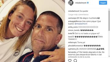 Mireia Belmonte y Fred Vergnoux imitan el posado de Piqu&eacute; y Neymar para anunciar que se quedan a entrenar en Espa&ntilde;a.