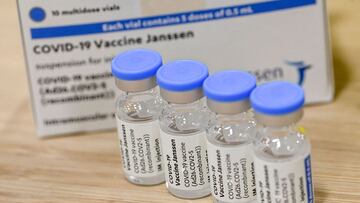 (FILES) In this file photo taken on April 30, 2021 vials of the single-dose Johnson & Johnson Janssen Covid-19 vaccine are pictured at the ZNA Middelheim hospital in Antwerp. - Denmark said on Mai 3, 2021 it will bar the Johnson & Johnson vaccine from its Covid inoculation drive over worries about blood clots, following a similar move against the AstraZeneca jab. (Photo by DIRK WAEM / BELGA / AFP) / Belgium OUT