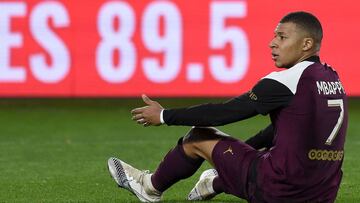 (FILES) In this file photograph taken on October 31, 2020, Paris Saint-Germain&#039;s French forward Kylian Mbappe reacts as he sits on the pitch during the French L1 football match between FC Nantes and Paris Saint-Germain at the La Beaujoire stadium in 