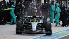 Mercedes' British driver Lewis Hamilton races out of pit lane during the 2024 Miami Formula One Grand Prix at Miami International Autodrome in Miami Gardens, Florida, on May 5, 2024. (Photo by GIORGIO VIERA / POOL / AFP)