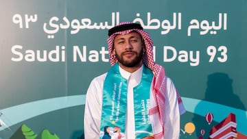 Soccer Football - Saudi Pro League - Al Hilal celebrate Saudi 93rd national day - Al Hilal Club, Riyadh, Saudi Arabia - September 23, 2023 Al Hilal's Neymar dressed in Saudi national clothing celebrates Saudi 93rd national day Al Hilal Football Club Media Office/Handout via REUTERS  ATTENTION EDITORS - THIS IMAGE HAS BEEN SUPPLIED BY A THIRD PARTY. NO RESALES. NO ARCHIVES