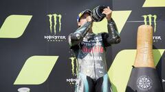 BRNO, CZECH REPUBLIC - AUGUST 09: Franco Morbidelli of Italy and Petronas Yamaha SRT celebrates the second place on the podium at the end of the MotoGP race during the MotoGP Of Czech Republic at Brno Circuit on August 09, 2020 in Brno, Czech Republic. (Photo by Mirco Lazzari gp/Getty Images)