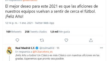 Barça y Madrid cruzan mensajes cariñosos para empezar el 2021