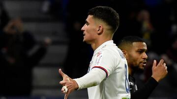 Lyon's French midfielder Houssem Aouar celebrates after scoring their second goal during the French Ligue Cup quarterfinal football match between Olympique Lyonnais and Stade Brestois 29 at the Groupama stadium in Decines-Charpieu near Lyon, central