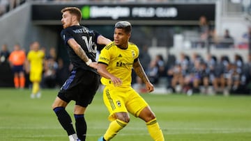 COLUMBUS, OH - AUGUST 03: Columbus Crew forward Cucho (9) marked by CF Montréal defender Joel Waterman (16) during the first half in a match between the Columbus Crew and CF Montréal on August 3, 2022, at Lower.com Field in Columbus, Ohio. (Photo by Graham Stokes/Icon Sportswire via Getty Images)