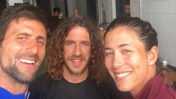 Novak Djokovic, Carles Puyol y Garbi&ntilde;e Muguruza en el Miami Open.