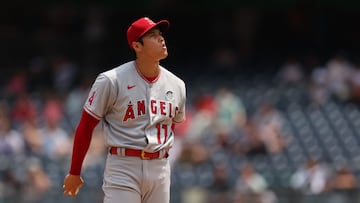 NEW YORK, NEW YORK - JUNE 02: Shohei Ohtani #17 of the Los Angeles Angels reacts while standing on the mound during the second inning of game one of a doubleheader against the New York Yankees at Yankee Stadium on June 02, 2022 in New York City.   Dustin Satloff/Getty Images/AFP
== FOR NEWSPAPERS, INTERNET, TELCOS & TELEVISION USE ONLY ==