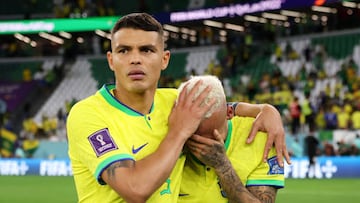 AL RAYYAN, QATAR - DECEMBER 09: Thiago Silva and Neymar of Brazil look dejected after their sides' elimination from the tournament after a penalty shoot out loss during the FIFA World Cup Qatar 2022 quarter final match between Croatia and Brazil at Education City Stadium on December 09, 2022 in Al Rayyan, Qatar. (Photo by Maja Hitij - FIFA/FIFA via Getty Images)