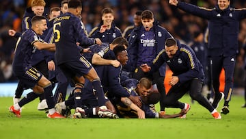 Real Madrid go through on penalties (4-3) in the Champions League quarter-finals. Rodrygo got the opener on the night, De Bruyne the leveller.