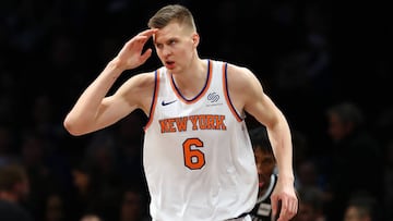 NEW YORK, NY - JANUARY 15: Kristaps Porzingis #6 of the New York Knicks celebrates after a basket against the Brooklyn Nets during their game at the Barclays Center on January 15, 2018 in New York City. . User expressly acknowledges and agrees that, by downloading and/or using this Photograph, user is consenting to the terms and conditions of the Getty Images License Agreement.   Al Bello/Getty Images/AFP
 == FOR NEWSPAPERS, INTERNET, TELCOS &amp; TELEVISION USE ONLY ==