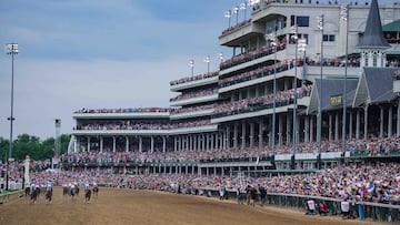 FILE PHOTO: May 6, 2023; Louisville, KY, USA; The field of horses for the 149th running of the Kentucky Derby cross the finish line Saturday, May 6, 2023 at Churchill Downs in Louisville. Javier Castellano aboard Mage wins the 149th running of the Kentucky Derby. Mandatory Credit: Grace Hollars-USA TODAY Sports/File Photo