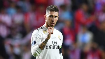 15 August 2018, Estonia, Tallinn: Football: UEFA Super cup, Real Madrid - Atletico Madrid at Lilleküla Stadium. Real Madrid's Sergio Ramos reacts. Photo: *** Local Caption *** .