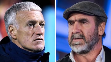 (COMBO) This combination of file pictures made on February 22, 2020, shows France's head coach Didier Deschamps (L) on November 12, 2019, in Clairefontaine-en-Yvelines, and French actor and former footbal player Eric Cantona (R) on November 29, 2019