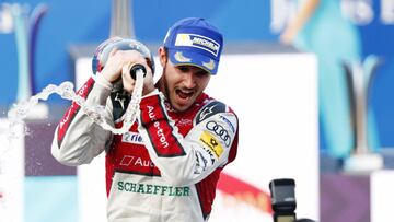 HONG KONG, HONG KONG - DECEMBER 03: In this handout from FIA Formula E -   Daniel Abt (GER), Audi Sport ABT Schaeffler, Audi e-tron FE04, sprays the chapagne after winning the race during the Hong Kong ePrix, Round 2 of the 2017/18 FIA Formula E Series at the Central Harbourfront Circuit on December 03, 2017 in Hong Kong, Hong Kong. (Photo by Sam Bloxham/LAT Images/FIA Formula E via Getty Images)