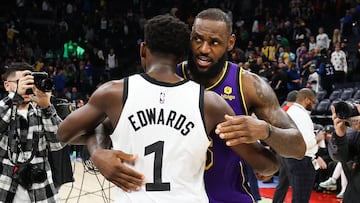 Mar 31, 2023; Minneapolis, Minnesota, USA; Minnesota Timberwolves guard Anthony Edwards (1) and Los Angeles Lakers forward LeBron James (6) hug after the game at Target Center. Mandatory Credit: Matt Krohn-USA TODAY Sports