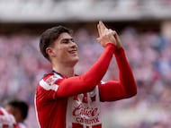 Guadalajara's forward #34 Armando Gonzalez celebrates scoring his team's first goal during the Liga MX Clausura football match between Guadalajara and Santos Laguna at the Akron Stadium in Zapopan, Mexico on March 14, 2026. (Photo by Ulises RUIZ / AFP)