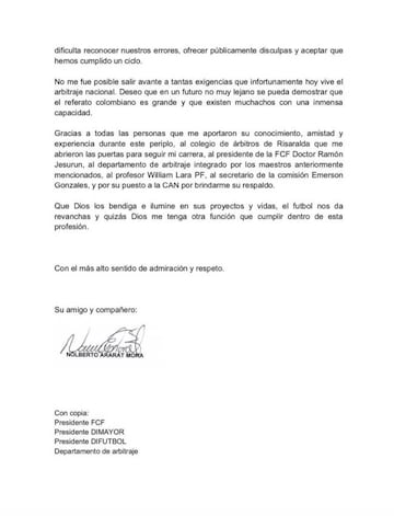 Renuncia de Nolberto Ararat al arbitraje.