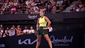 Aryna Sabalenka of Belarus reacts during her women's singles match against Madison Keys of the US (R) at the Brisbane International tennis tournament in Brisbane on January 9, 2026. (Photo by William WEST / AFP) / --IMAGE RESTRICTED TO EDITORIAL USE - STRICTLY NO COMMERCIAL USE--