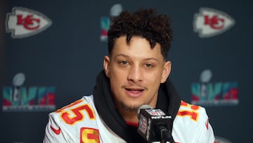 Feb 9, 2023; Scottsdale, AZ, USA; Kansas City Chiefs quarterback Patrick Mahomes speaks to media during a Super Bowl LVII press conference at Hyatt Regency at Gainey Ranch. Mandatory Credit: Joe Camporeale-USA TODAY Sports