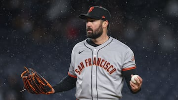 Apr 11, 2025; Bronx, New York, USA; San Francisco Giants starting pitcher Robbie Ray (38) reacts during the third inning against the New York Yankees at Yankee Stadium. Mandatory Credit: Vincent Carchietta-Imagn Images
