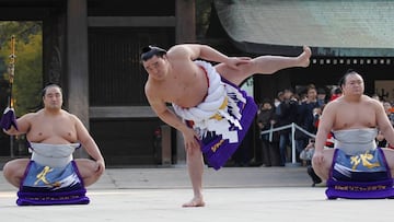 El gran campe&oacute;n de sumo Yokozuna Harumafuji, durante los ritos de A&ntilde;o Nuevo en Meiji Shrine.