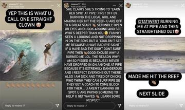 Las stories de denuncia de la surfista local en Instagram.