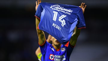 Uriel Antuna celebrates his goal 3-0 of Cruz Azul during the 10th round match between Cruz Azul and Guadalajara as part of the Torneo Clausura 2024 Liga BBVA MX at Azteca Stadium on March 02, 2024 in Mexico City, Mexico.