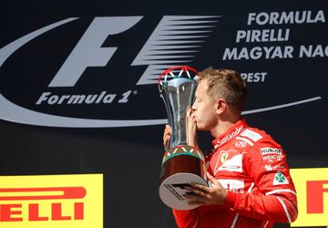 Sebastian Vettel besando el trofeo de Hungaroring. 