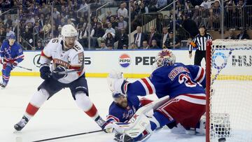 Aleksander Barkov, #16 of the Florida Panthers, shoots the puck wide of Igor Shesterkin #31 of the New York Rangers during the second period in Game One of the Eastern Conference Final of the 2024 Stanley Cup Playoffs at Madison Square Garden on May 22, 2024, in New York City.