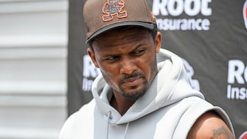 BEREA, OH - JUNE 14: Deshaun Watson #4 of the Cleveland Browns listens to questions during press conference after the Cleveland Browns mandatory minicamp at CrossCountry Mortgage Campus on June 14, 2022 in Berea, Ohio.   Nick Cammett/Getty Images/AFP
== FOR NEWSPAPERS, INTERNET, TELCOS & TELEVISION USE ONLY ==