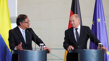 German Chancellor Olaf Scholz and Colombian President Gustavo Petro attend a press conference, in Berlin, Germany, June 16, 2023. REUTERS/Nadja Wohlleben