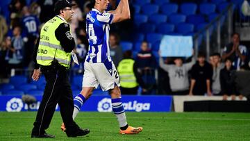 Real Sociedad's French defender Robin Le Normand leaves the pitch at the end of the Spanish league football match between Real Sociedad and UD Almeria at the Reale Arena stadium in San Sebastian on May 23, 2023. (Photo by ANDER GILLENEA / AFP)