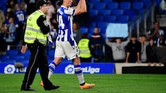 Real Sociedad's French defender Robin Le Normand leaves the pitch at the end of the Spanish league football match between Real Sociedad and UD Almeria at the Reale Arena stadium in San Sebastian on May 23, 2023. (Photo by ANDER GILLENEA / AFP)