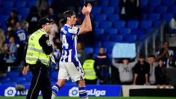 Real Sociedad's French defender Robin Le Normand leaves the pitch at the end of the Spanish league football match between Real Sociedad and UD Almeria at the Reale Arena stadium in San Sebastian on May 23, 2023. (Photo by ANDER GILLENEA / AFP)