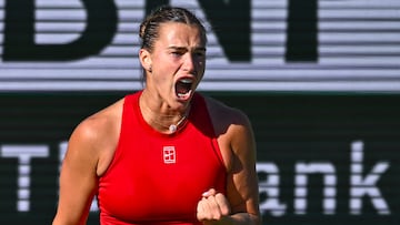 Mar 10, 2025; Indian Wells, CA, USA; Aryna Sabalenka reacts after winning a point against Lucia Bronzetti (ITA) at Indian Well Tennis Garden. Mandatory Credit: Jonathan Hui-Imagn Images