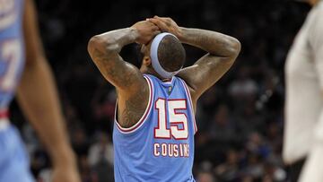 Dec 9, 2016; Sacramento, CA, USA; Sacramento Kings center DeMarcus Cousins (15) reacts to a missing a shot against the New York Knicks during the fourth quarter at Golden 1 Center. The Knicks defeated the Kings 103-100. Mandatory Credit: Sergio Estrada-USA TODAY Sports