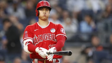 NEW YORK, NEW YORK - JUNE 02: Shohei Ohtani #17 of the Los Angeles Angels reacts during his at-bat during the fourth inning of Game Two of a doubleheader against the New York Yankees at Yankee Stadium on June 02, 2022 in the Bronx borough of New York City.   Sarah Stier/Getty Images/AFP
== FOR NEWSPAPERS, INTERNET, TELCOS & TELEVISION USE ONLY ==