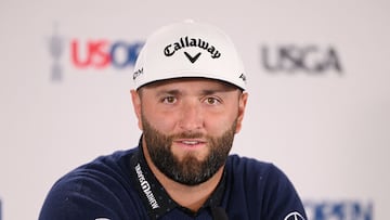 LOS ANGELES, CALIFORNIA - JUNE 13: Jon Rahm of Spain speaks to the media during a press conference prior to the 123rd U.S. Open Championship at The Los Angeles Country Club on June 13, 2023 in Los Angeles, California.   Ross Kinnaird/Getty Images/AFP (Photo by ROSS KINNAIRD / GETTY IMAGES NORTH AMERICA / Getty Images via AFP)