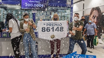 Empleados de la administración situada en el centro comercial El Mirador de las Palmas de Gran Canaria celebran con varios agraciados que han vendido parte del número 86148 correspondiente al  'Gordo' del Sorteo Extraordinario de la Lotería de Navidad, a 22 de diciembre de 2021, en Las Palmas de Gran Canaria, Gran Canaria, Islas Canarias (España). El sorteo de este año ha repartido 2021 un total de 2.408 millones de euros en premios, la misma cantidad que el año anterior. Entre los premios repartidos por la Lotería de Navidad destaca el popularmente conocido como 'Gordo' de Navidad, el primer premio, de 400.000 euros al décimo. El segundo premio es de 125.000 euros al décimo.
22 DICIEMBRE 2021;GORDO;MADRID;AVE;LOTERIA;DECIMOS
Europa Press
22/12/2021